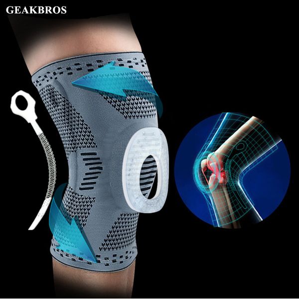 

1pc patella knee brace silicone spring knee pad sport running basketball fitness knitted compression elastic sleeve support, Black;gray