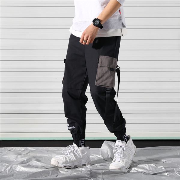 

new solid multi pocket streetwear pants men hiphop joggers casual outwear straight slacks long trousers pantalones hombre, Black