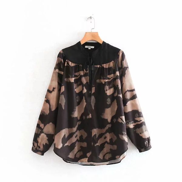 

vintage printing splicing women shirt loose smock 2019 autumn leisure lady stand collar bow tie blouse s6628, White