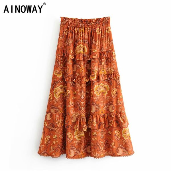

vintage chic fashion women hippie beach bohemian floral print ruffles skirt high elastic waist maxi a-line boho skirt femme, Black;gray