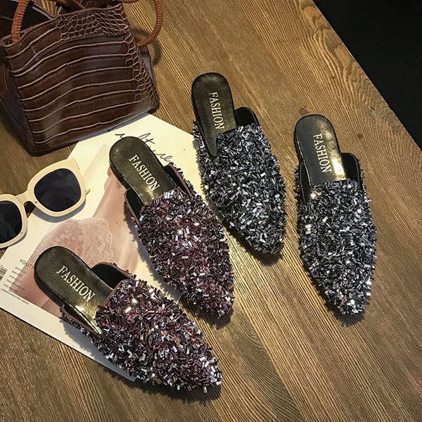

2019 women shoes slippers woman ladies female slides fashion casual outdoor bling lady woman flats mules women's shoes slippers t05, Black