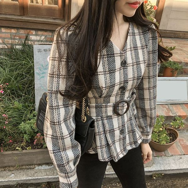 

vintage puff sleeve woolen plaidlt small waist short blouse shirt dark grey 2506, White