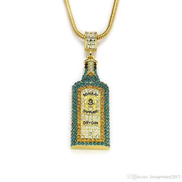 

luxury designer jewelry men necklace hip hop bottle pendant necklaces gold plated with blue diamond occident punk style fashion jewelry, Silver