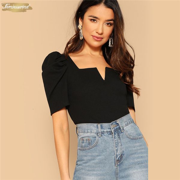 

shirt square neck v cut puff sleeve women black tshirt 2019 elegant rib front knit tee short sleeve, White