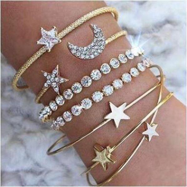 

kisswife 4 pcs/set crystal star moon bangles set multilayer love heart charm gold color open cuff bracelets jewelry for women, Black