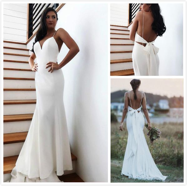 

2020 новый спагетти русалка свадебные платья ремни атласная backless смычка орденской boho sweep поезд дешевые свадебные свадебные платья св, White