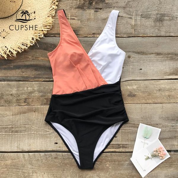 

cupshe pink white and black color block one-piece swimsuit women monokini swimwear 2019 girl beach bathing suits, White;black