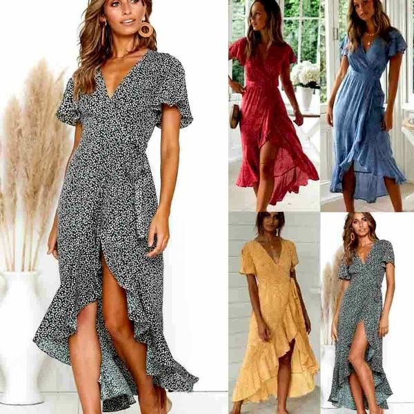 

women summer boho long maxi dress evening party beach dresses sundress summer short sleeve print v neck holiday dress, Black;gray