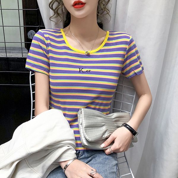 

rainbow striped t-shirt women's 2020 dress summer dress women's duan xiu ins fashionable short slim versatile t-shirt women, White