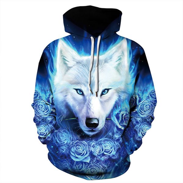 

cool blue roses white wolf head 3d print hoodies men/women hip hop streetwear sweatshirts hat boys fashion jacket male coat, Black