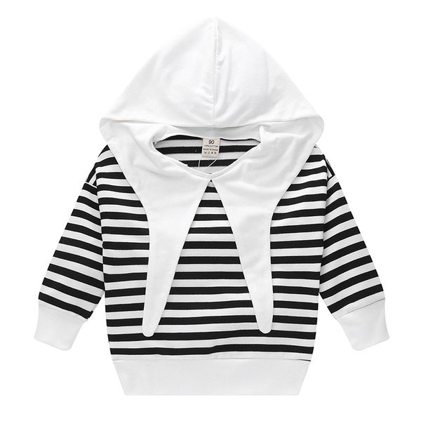 

kid girls long sleeve striped hooded sweatshirt stitching bat collar personality, Black