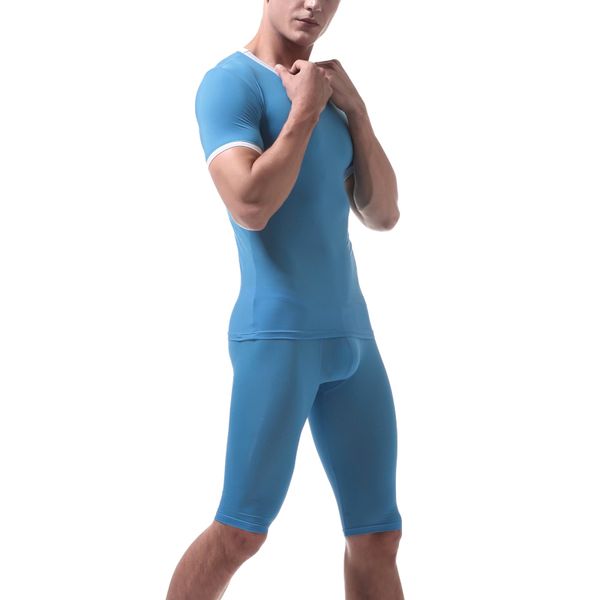 

newly men ultrathin underwear suit with pants short sleeves round neck body shaper clothing set do99, Black;brown