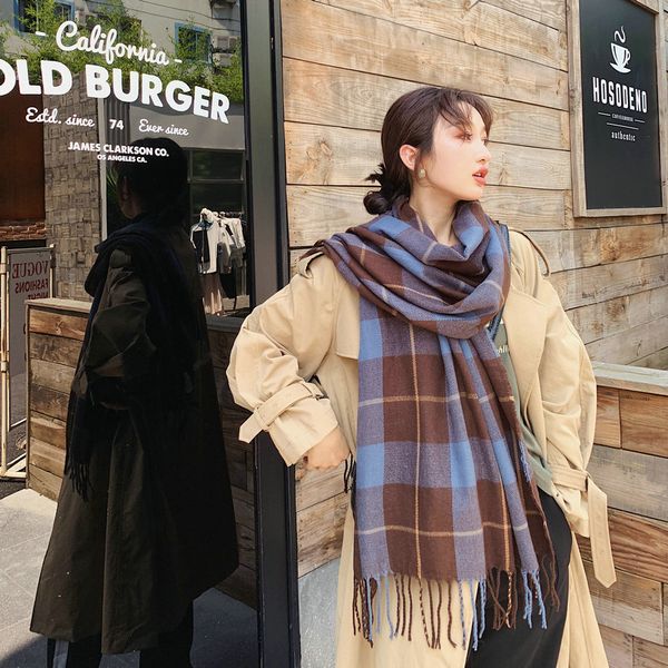 

wholesale-winter british plaid scarf female double-sided wild cashmere shawl personality fashion scarf threads, Blue;gray