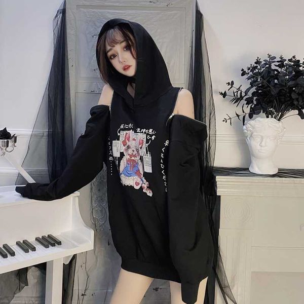 

harajuku sweatshirts gothic punk women hoodies off shoulder zipper cartoon print long sleeve hoodies casual female pullovers, Black