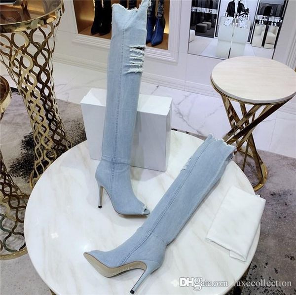 

2019 jean boots women thigh high boots, over knee high bottes with holes blue heels zipper in jeans shoes open toe shoes, Black