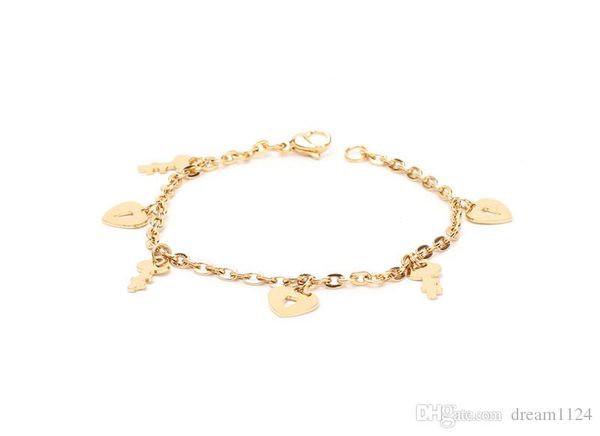 

love charm bracelet gold color stainless steel love heart key and lock bracelet for women jewelry gift, Golden;silver