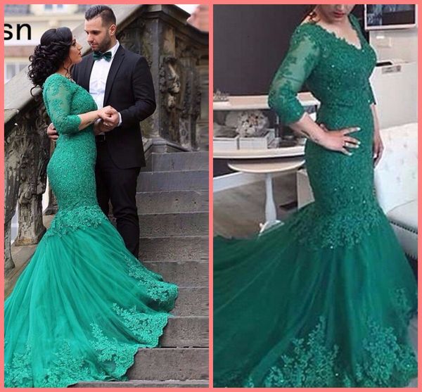 

green long sleeves beaded sequins lace evening prom dresses trumpet women saudi arabia muslim tulle formal prom gown robe de soiree 2019, Black