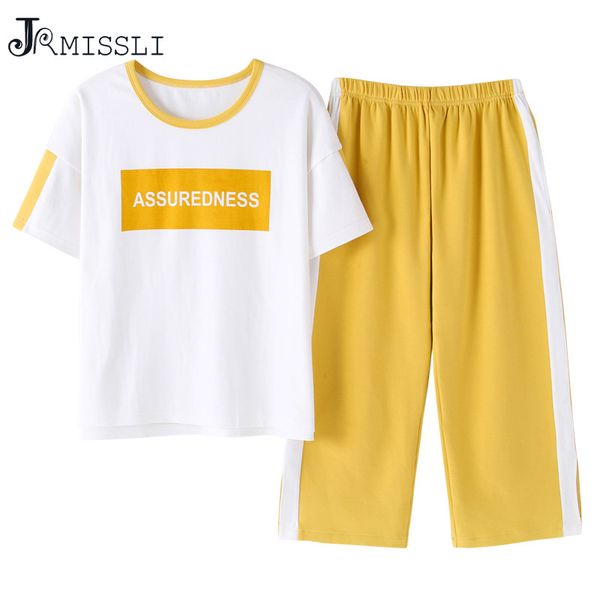 

jrmissli plus size letter print and pants pajamas sets for women 2019 casual summer cotton nightwear calf-length pants, Blue;gray