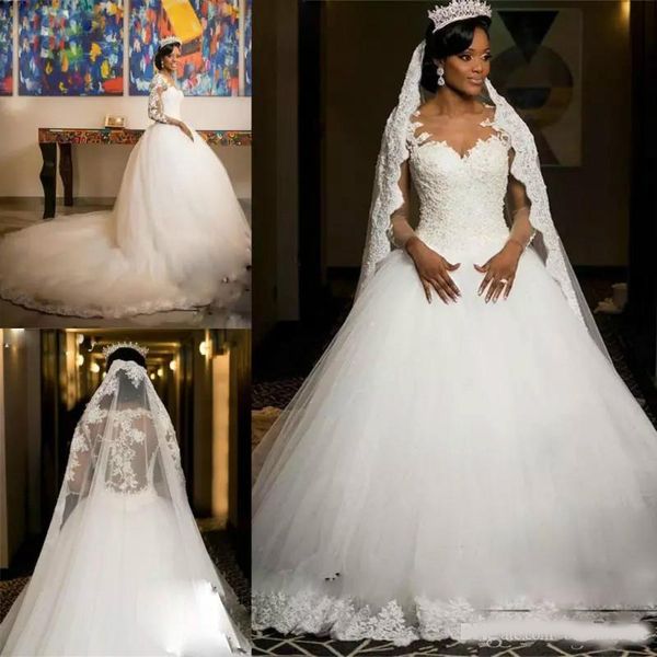 

african ball gown lace wedding dresses vintage appliques illusion long sleeves plus size bridal gowns cathedral train tulle vestido de novia, White