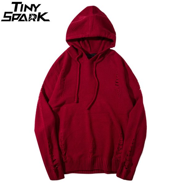 

hip hop distressed sweater pullover ripped holes mens hooded sweater streetwear autumn 2018 vintage sweat shirt cotton knitted, White;black