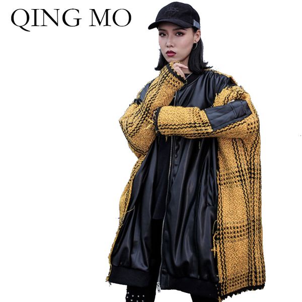 

qing mo pu leather women jacket 2019 winter women patchwork outwear moto & biker coat oversized for female zqy2209, Black