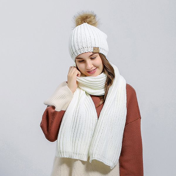 

women winter knitted hat scarf sets fashion women fur pompom beanies hat thick warm female knitted scarves and scarf set, Blue;gray