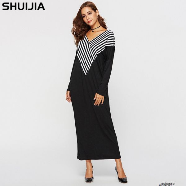 

womens designer striped v-neck international large size dresshghjh, Black;gray