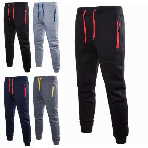 

fashion men sports pants casual long trousers tracksuit fitness workout joggers gym sweatpants streetwear, Black