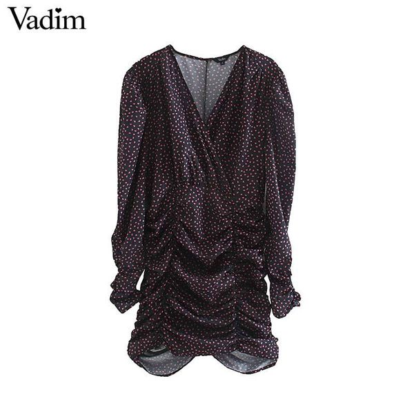 

vadim женщины элегантный плиссированные дизайн сторона v шеи мини-платье на молнии с длинным рукавом для печати женского пола вскользь шикар, Black;pink