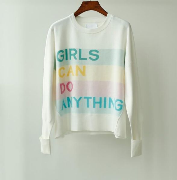 

nell co girls jumper sweater cotton turnback sleeves jacquard knit colorful slogan girls can do anything fashion woman, White;black