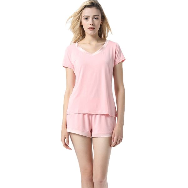 

women summer v-neck short-sleeved shorts loose outer wear home service contrast color stitching pajamas suit new, Blue;gray