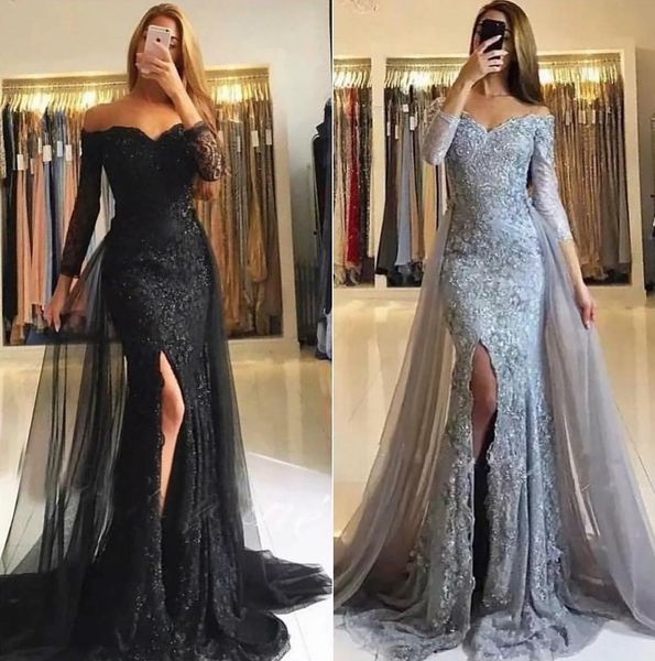 

2019 custom lace mermaid evening dress off shoulder lace see-through long sleeves prom dress side split formal gown, Black;red