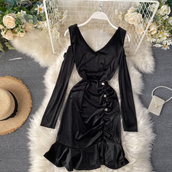 

v neck ruffle mini party dress women cold off shoulder long sleeve ruched dress elegant velvet black short dresses red, Black;pink