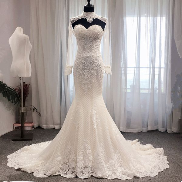 

delicate high neck white mermaid wedding dresses with court train lace appliques pearls beading long sleeve wedding dresses wedding gowns
