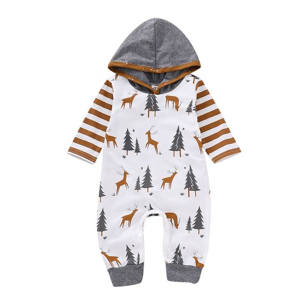 

newborn baby cartoon jumpsuit infant baby christmas deer tree hooded romper boy striped onesies kids casual toddler girl bodysuit 06, Blue