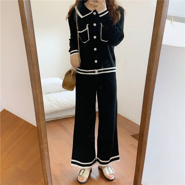 

winter 2020 autumn new women two piece knitted turn down collar cardigan + wide leg pants 2 pieces clothing set suits, White