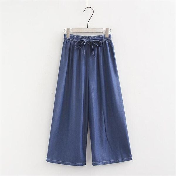 

plus size 6xl 7xl korean style 2019 summer loose jeans women mid waist wide leg denim pants female with sashes bow trousers, Blue