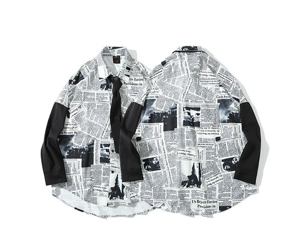 

wholesale 2019 mens designer t shirts long sleeve dress shirts print english newspapers casual turn-down collar men s clothing social shirts, White;black