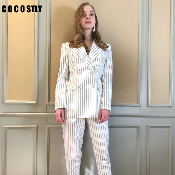 

осень полосатый женщины брючный костюм двойной брестед металла кнопка microsoft office blazer куртка + эластичный пояс брюки случайные женск, White;black