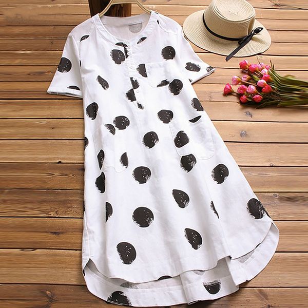 

tee shirt femme women polka dot o-neck layered short sleeve button blouse long shirt ropa mujer verano 2019 new, White