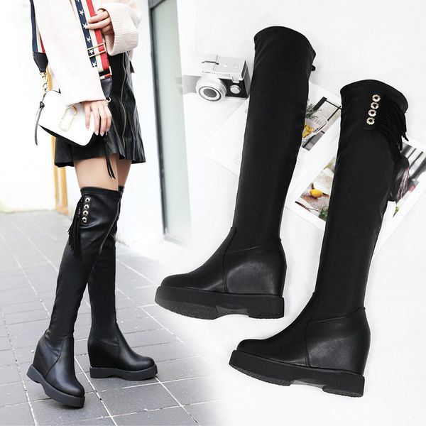 

swyivy woman snow boots platform thick fur warm winter shoes woman over the knee high wedge lady boots shoes lacing up stregth, Black