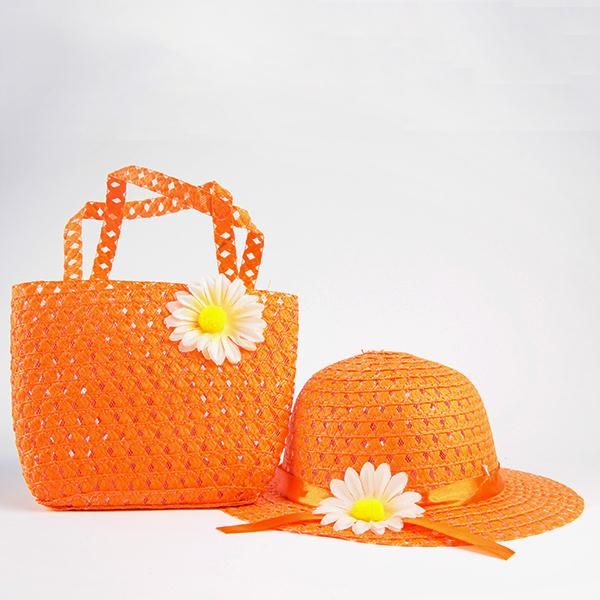 

girls kids beach hats bags flower straw hat cap tote handbag bag suit children summer sun hat 54cm for 3-7 years, Yellow