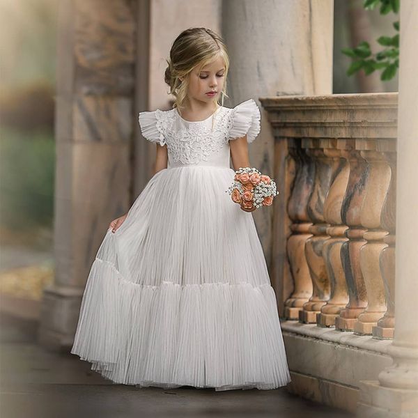 

lace princess flower girl dresses for wedding appliqued pageant gowns pleated floor length tulle first communion dress, White;blue