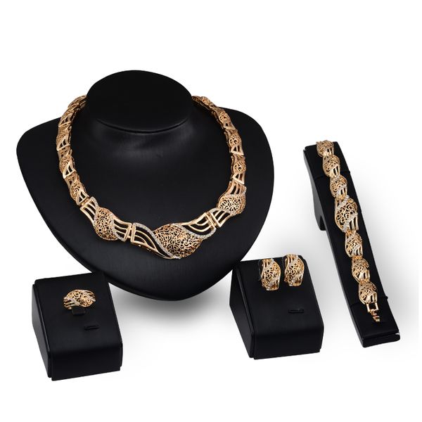 

bracelets necklaces earrings rings jewelry sets fashion rhinestone 18k gold plated geometric hollow out 4-piece set party jewelry js043, Slivery;golden