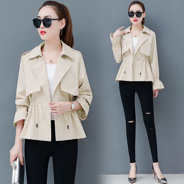 

2019 spring autumn new female korean version loose wild was thin popular 3xl drawstring waist short windbreaker coat women y10, Tan;black