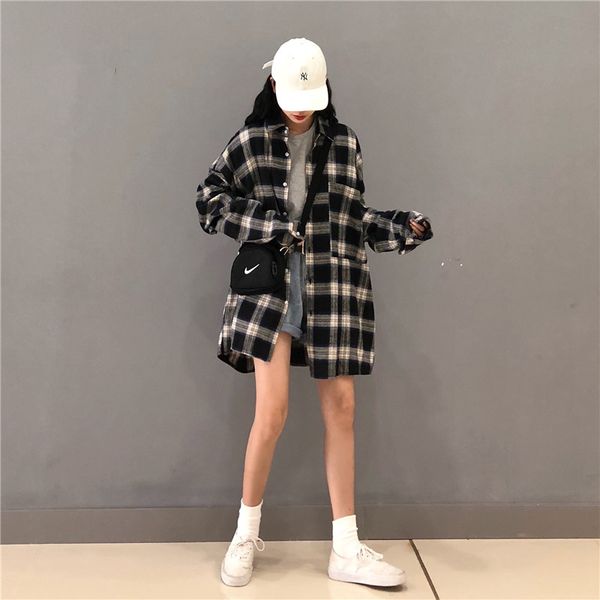 

women's hoodies & sweatshirts 2021 spring retro plaid long shirt hong kong style easy matching coat collar sleeve pocket for women, Black
