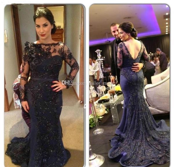 

elegant navy blue mermaid mother of the bride dress lace applique bateau neck long sleeves formal 3d floral applique formal dress party gown, Black;red