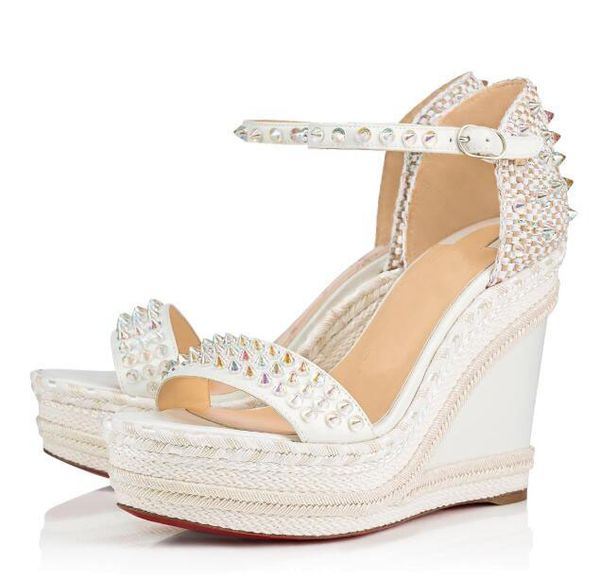 

Elgant designer red bottom Madmonica braided rope wedge ankle strap spikes gladiator sandals sexy ladies summer sandals high heels EU35-42