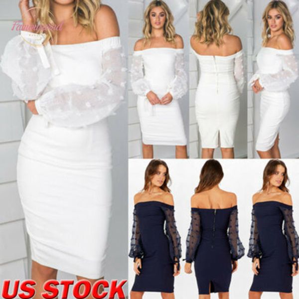 

2020 womens off shoulder long sleeve bodycon evening club lantern sleeve party midi dress drop shipping, Black;gray