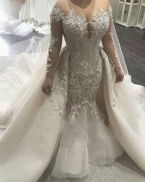 

plus size long sleeve wedding dresses with detachable train 2020 luxury beaded lace crystal mermaid fishtail garden wedding gown, White